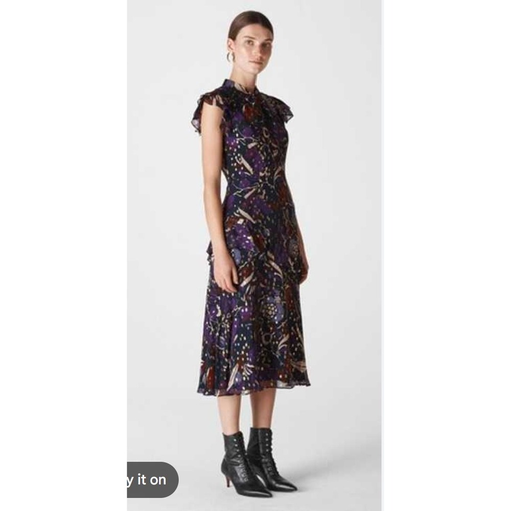 Whistles Montrose Midi Dress Women 10 Purple Very Good Silk Gold Ruffle 2903
